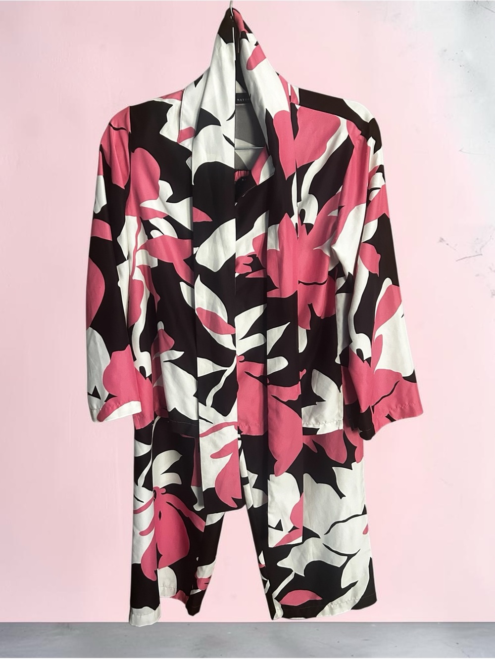 Natori 3 Piece Pajama Set Floral Top Pants Headband Pink Black Small